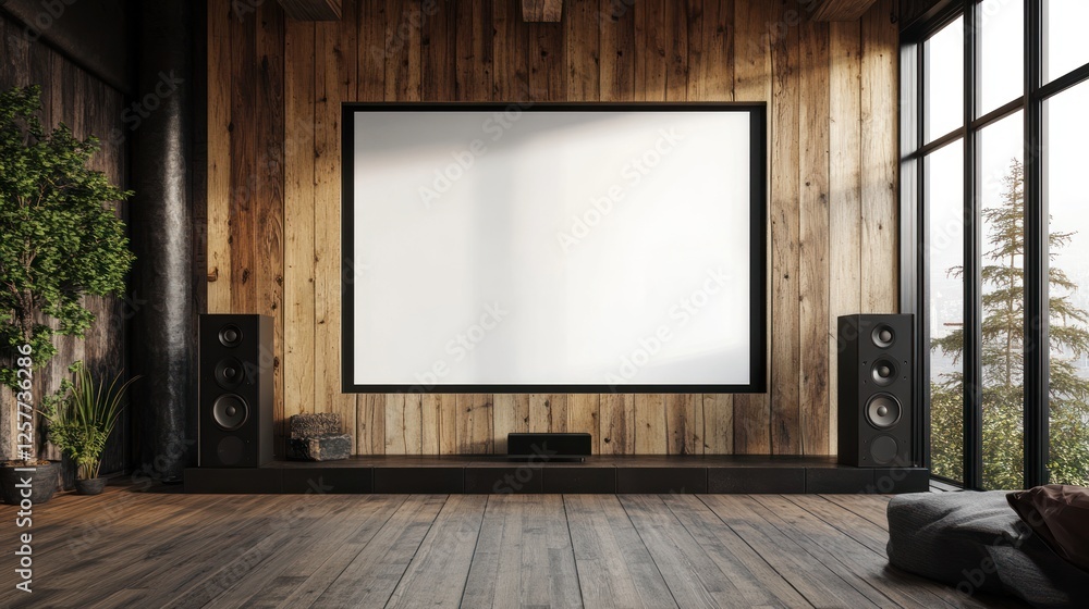blank white screen is mounted on the wall of an elegant, wooden room, surrounded by two black speakers and a floor-to-ceiling window. blank white screen is mounted on the wall of an elegant, wooden room, surrounded by two black speakers and a floor-to-ceiling window.
