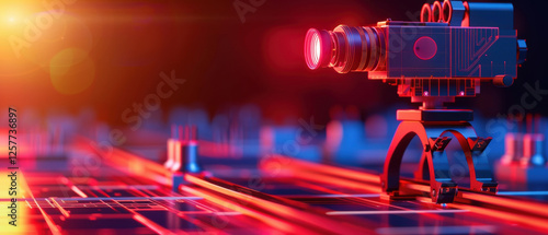 Futuristic camera setup with vibrant lighting effects.