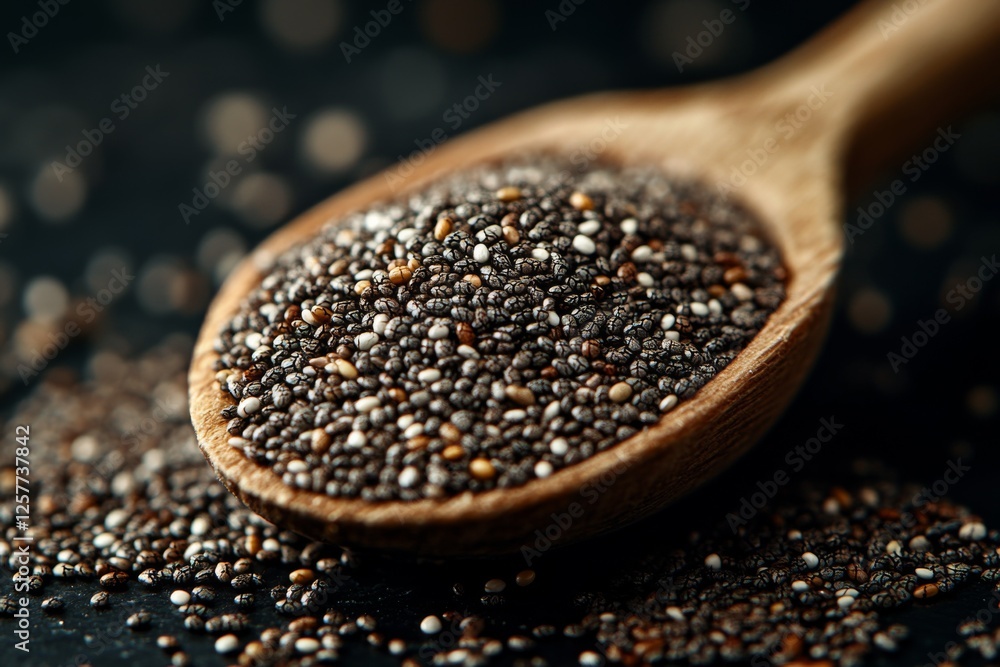 Wooden spoon filled with chia seeds on a dark textured surface Wooden spoon filled with chia seeds on a dark textured surface
