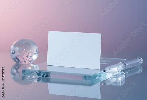 Elegant business card mockup on a reflective surface with a glass  ideal for medical or pharmaceutical branding. photo