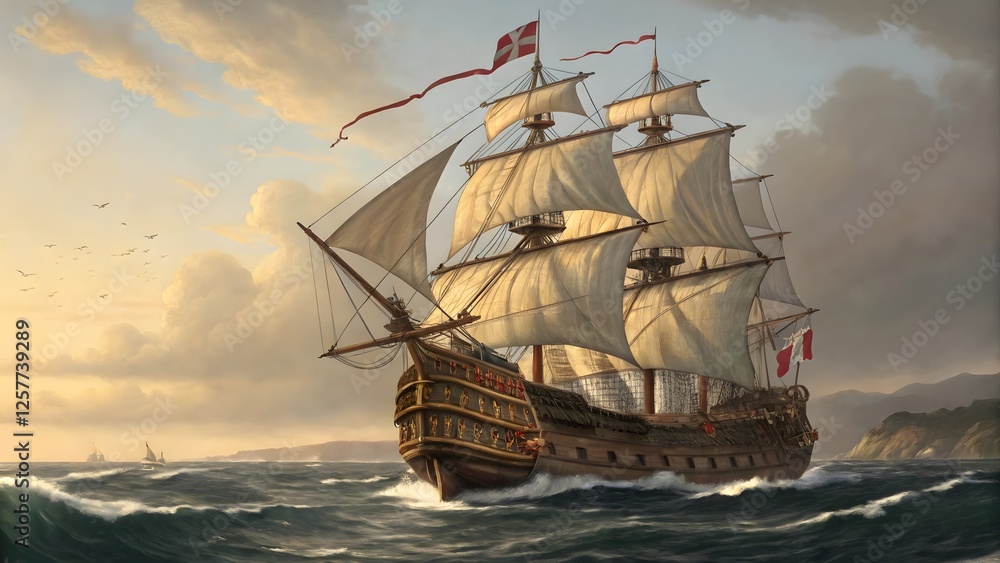 Obraz premium Majestic Sailing Ship Hyper-Realistic Galleon on the High Seas V2