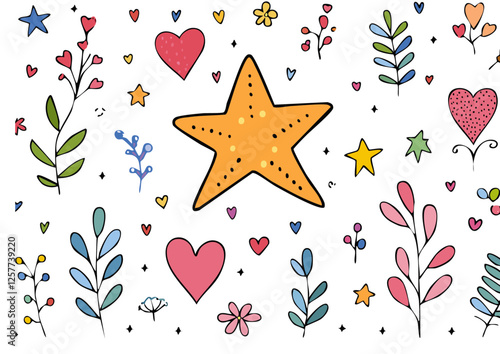 líneas de dibujo estrella, flecha, corazones, elemento de decoraciónconjunto. Dibujo a mano dibujado doodle linda estrella, énfasis, elemento de flor. Icono de forma de decoración