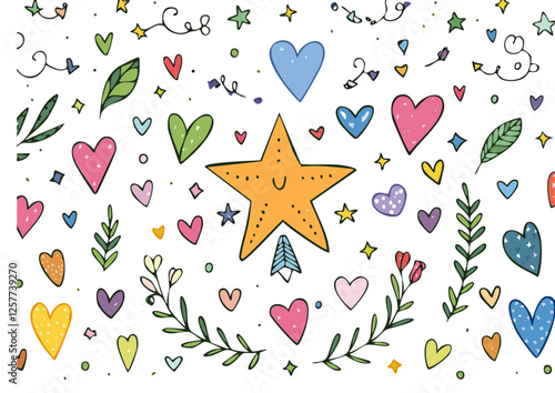 líneas de dibujo estrella, flecha, corazones, elemento de decoraciónconjunto. Dibujo a mano dibujado doodle linda estrella, énfasis, elemento de flor. Icono de forma de decoración