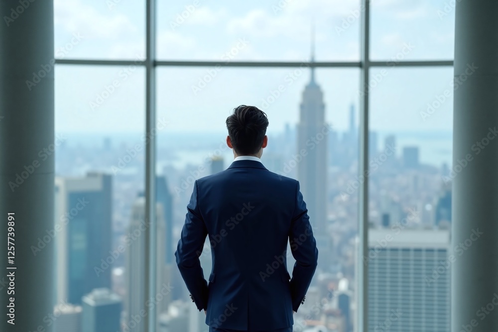 man in navy suit looking at urban landscape cityscape man in navy suit looking at urban landscape cityscape