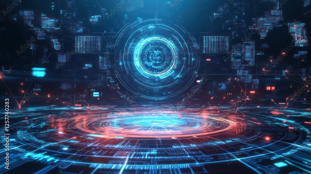 Fototapeta premium Futuristic Technological Interface with Glowing Circular Data Network