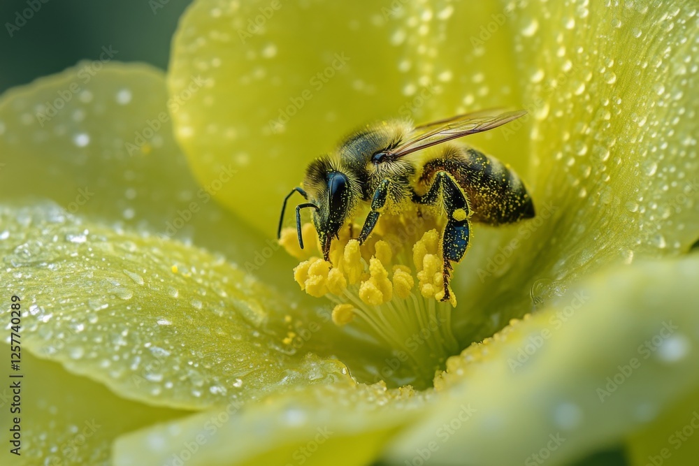 Macro shot of a bee collecting nectar on a yellow flower covered in dewdrops Macro shot of a bee collecting nectar on a yellow flower covered in dewdrops