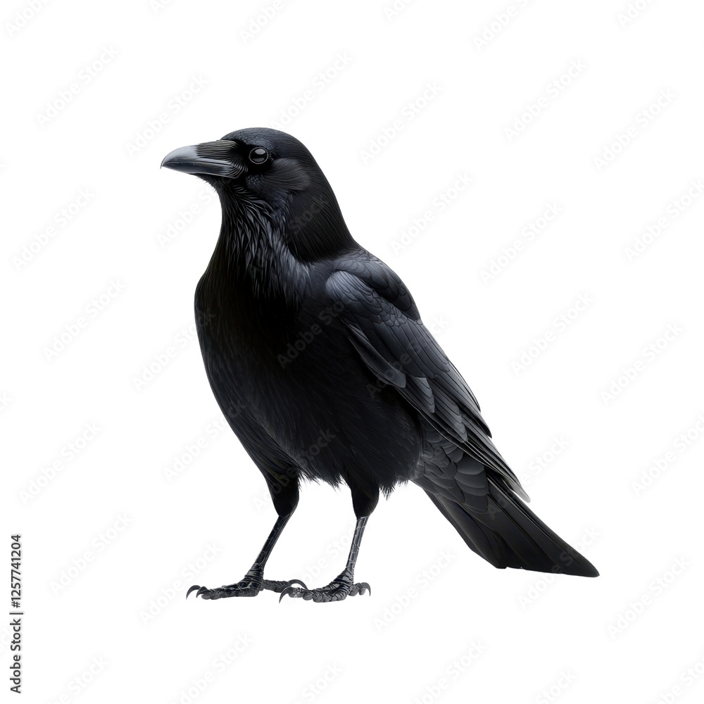 Fototapeta premium Black Raven Standing on Ground with Detailed Feather Texture