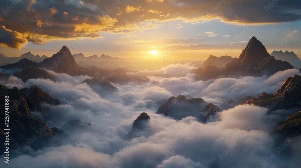 A heavenly view of endless glowing clouds at sunset, the golden sun floating above, casting soft shadows across the misty formations, warm light creating a divine and ethereal atmosphere A heavenly view of endless glowing clouds at sunset, the golden sun floating above, casting soft shadows across the misty formations, warm light creating a divine and ethereal atmosphere