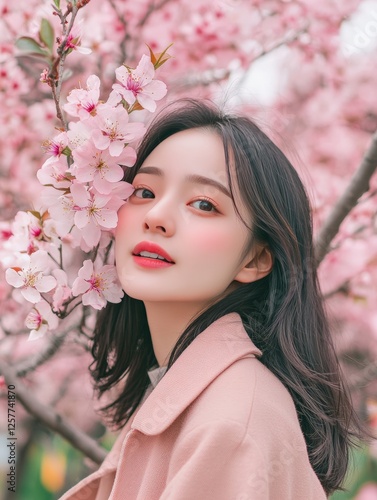 Spring Beauty with Long Hair amid Pink Blossoms photo