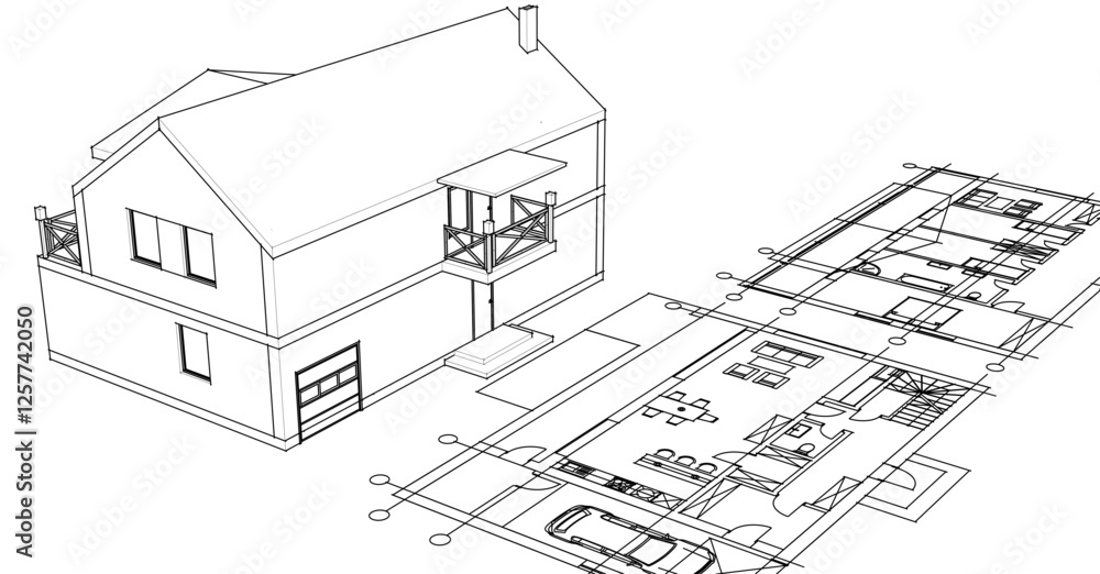 Fototapeta premium house sketch plan 3d illustration