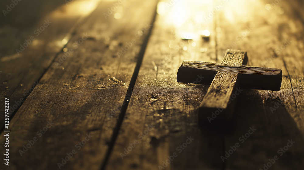 Aged Wooden Cross Resting on Weathered Wooden Table, Illuminated by Warm Light, Symbolizing History, Spirituality, and Contemplation. Aged Wooden Cross Resting on Weathered Wooden Table, Illuminated by Warm Light, Symbolizing History, Spirituality, and Contemplation.
