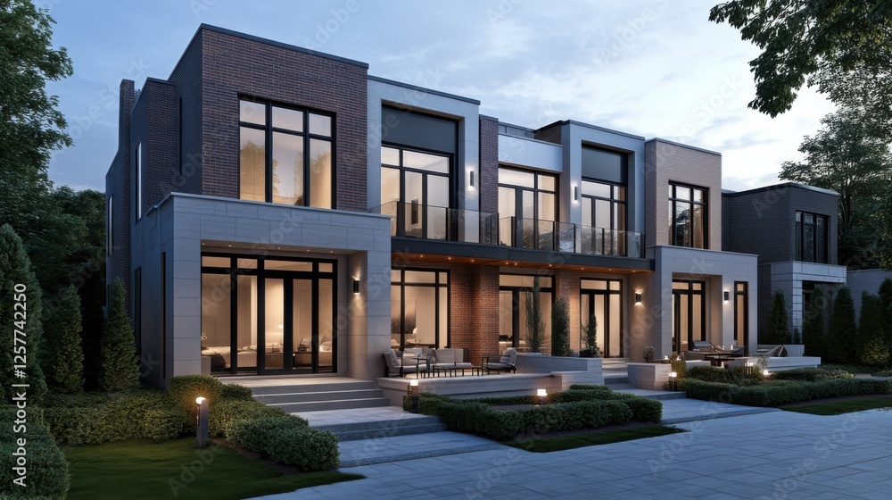 Fototapeta premium A high-end townhouse with a rooftop terrace, modern brick and stone exterior, stylish outdoor seating area, large sliding glass doors connecting indoor and outdoor spaces, sophisticated urban living