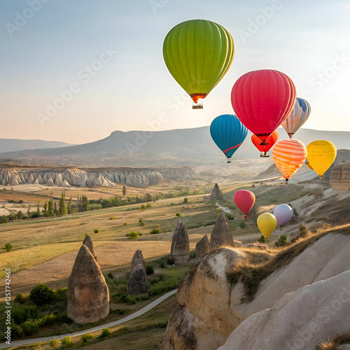 Set of colored balloons flying above the ground in the sky photo