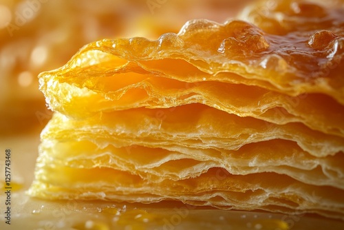 Golden crispy pastry layers with delicate texture and rich buttery shine photo