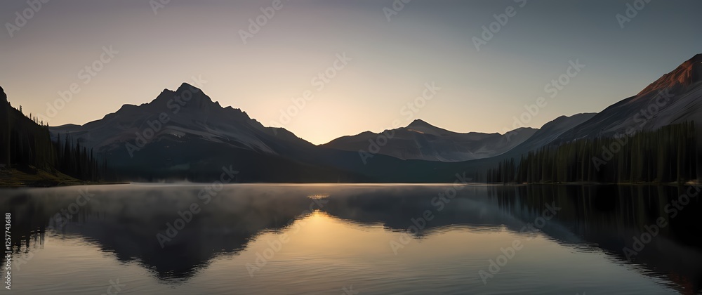 Fototapeta premium An awe inspiring view of a glinting mountain lake at dawn capturing stillness and serenity reflecting the morning sun