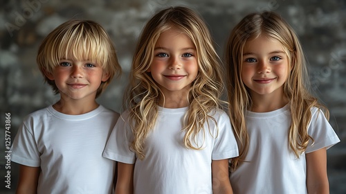 Little children in white t-shirts stand together, smiling and hugging, perfect for a clothing mock-up with their cheerful expressions.