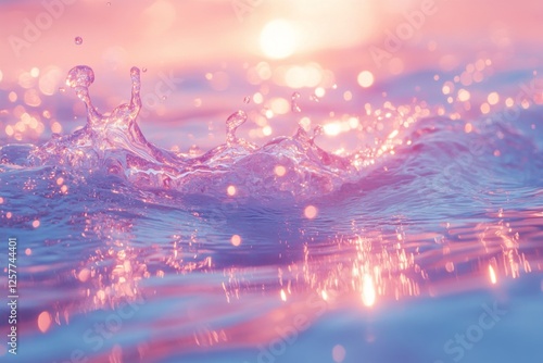 Soft pink and blue dreamlike sky with floating bubbles in golden sunlight photo