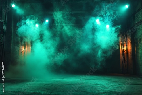 Spotlight illuminating green smoke over an abstractly bright backdrop