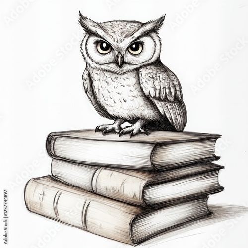 Wallpaper Mural Sketch an owl sitting on top of a pile of books, white background  Torontodigital.ca