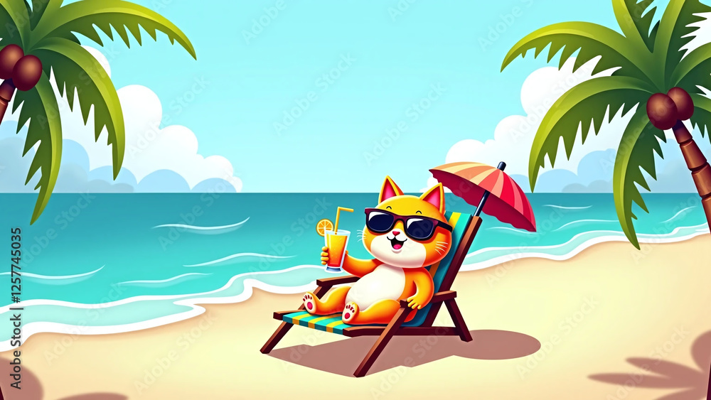 A relaxing beach day with a cute cat enjoying a refreshing drink under a colorful umbrella. A relaxing beach day with a cute cat enjoying a refreshing drink under a colorful umbrella.