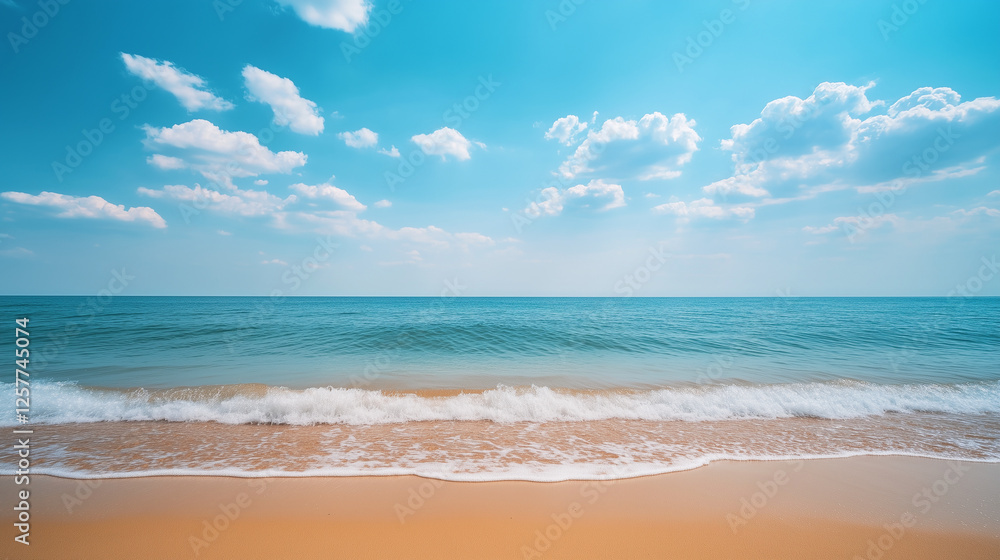 Serene tropical beach with gentle ocean waves under a bright blue sky—perfect for vacation themes, relaxation concepts, and travel promotions Serene tropical beach with gentle ocean waves under a bright blue sky—perfect for vacation themes, relaxation concepts, and travel promotions