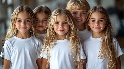 Little children in white t-shirts stand together, smiling and hugging, perfect for a clothing mock-up with their cheerful expressions.