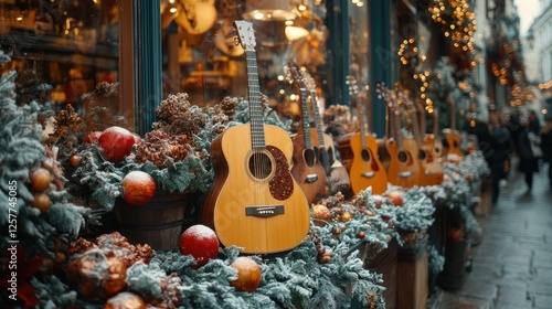 Parisian guitar shop window display, Christmas decorations, blurred city street background