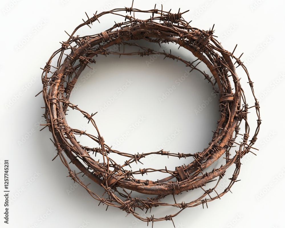 Fototapeta premium Round frame containing sharp barbed wire on a white background