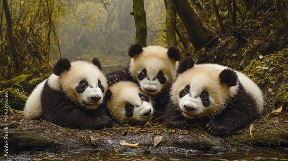 Obraz premium Four adorable giant panda cubs huddle together in a lush bamboo forest.