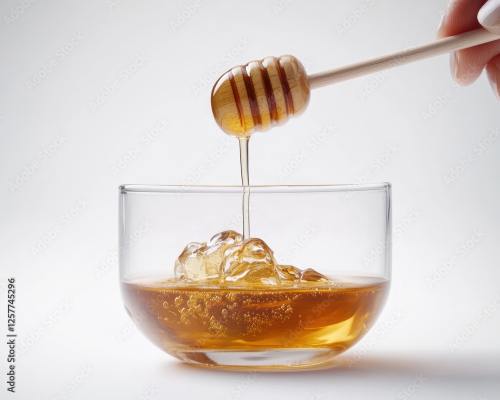 Honey dripping from a wooden stick in a glass bowl, isolated on a white background with a clipping path Honey dripping from a wooden stick in a glass bowl, isolated on a white background with a clipping path