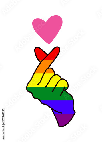 Logo lgbt. Mes del orgullo. Mano con los colores de la bandera arcoiris haciendo el gesto coreano del corazón para el amor y el afecto