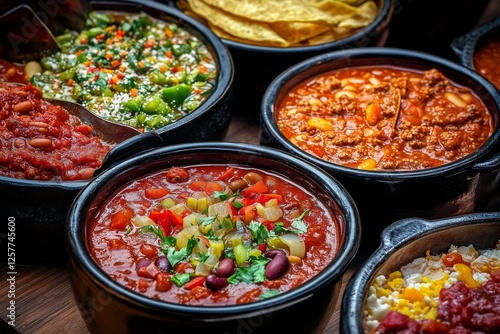Cook Off. The Restaurant hosts a Chili Competition with a row of Crock Pots and Ladles