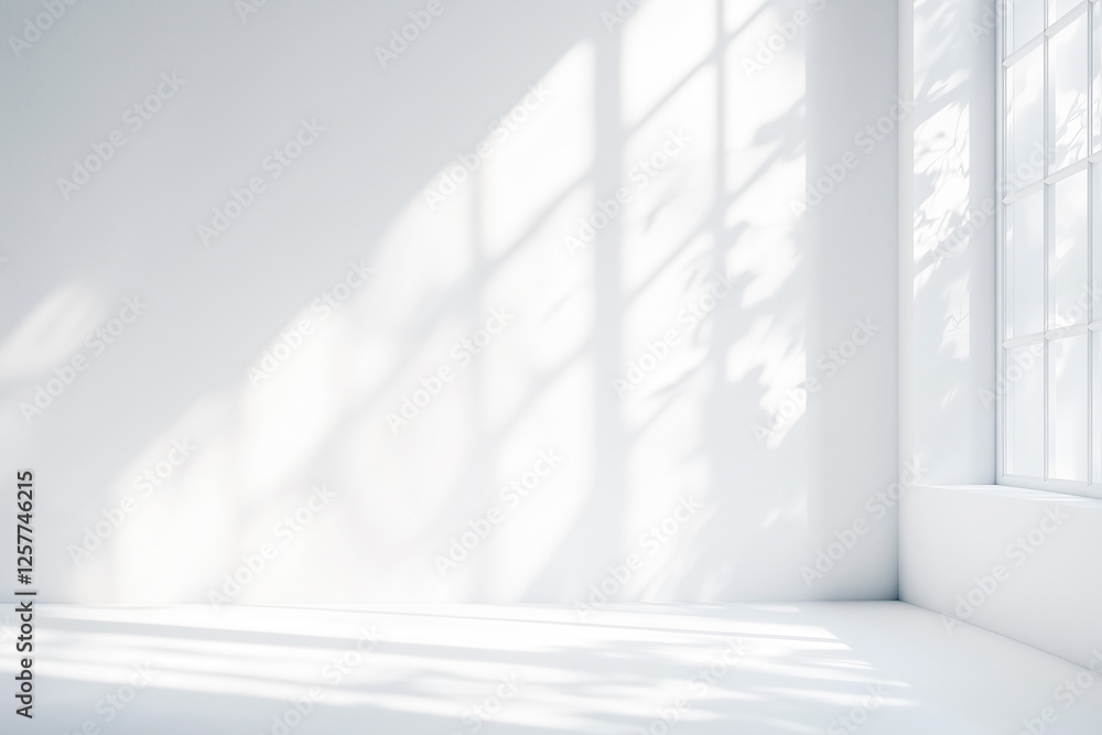 Obraz premium Sunlight light and shadow of window frame and tree leaves on white wall