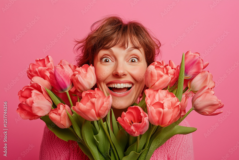 Holidays, beauty and spring concept. Portrait of happy excited charming woman receive flowers, buying tulips herself, smiling and laughing joyfully, stand pink background Holidays, beauty and spring concept. Portrait of happy excited charming woman receive flowers, buying tulips herself, smiling and laughing joyfully, stand pink background