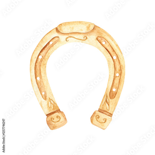 Golden Horseshoe. Watercolor hand drawn illustration isolated on white background. Symbol of Good luck, wealth or success for St. Patrick's Day.