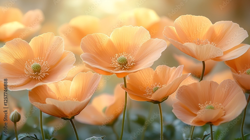Obraz premium Peachy Poppies in Sunlight; Spring Floral Display; Ideal for greeting cards