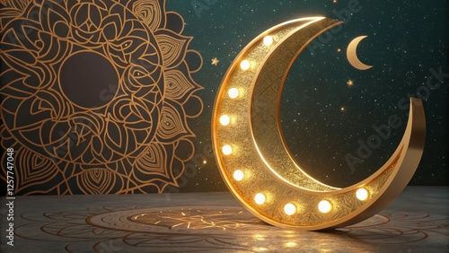 3D Golden Crescent Moon Soft Lights Ramadan