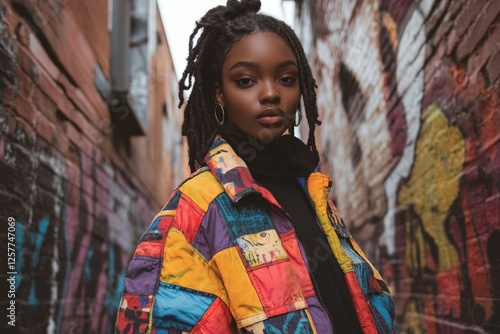 Confident young woman in a colorful coat standing in an urban alley photo