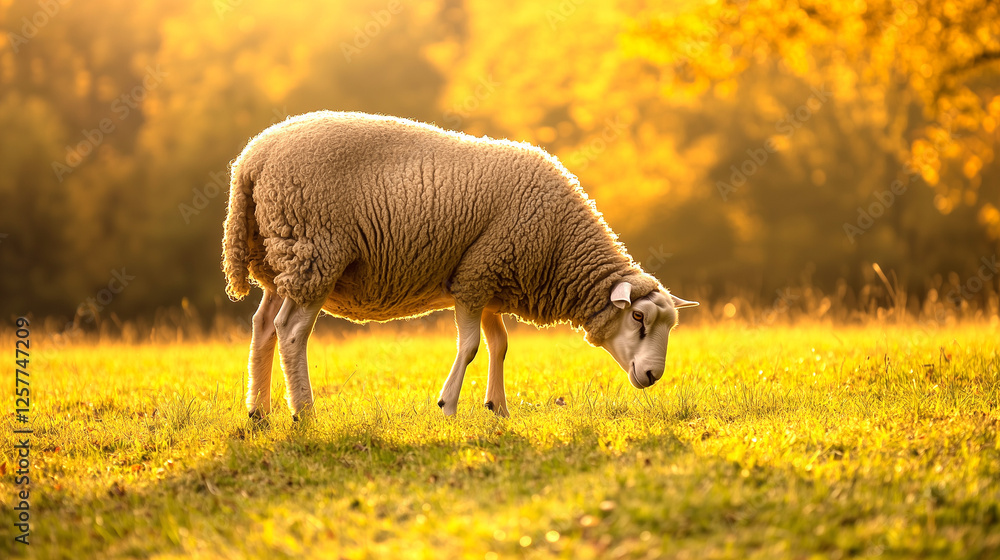 Naklejka premium Single sheep grazing peacefully in a lush green meadow under the golden sunlight, symbolizing tranquility, rural life, and the beauty of nature.