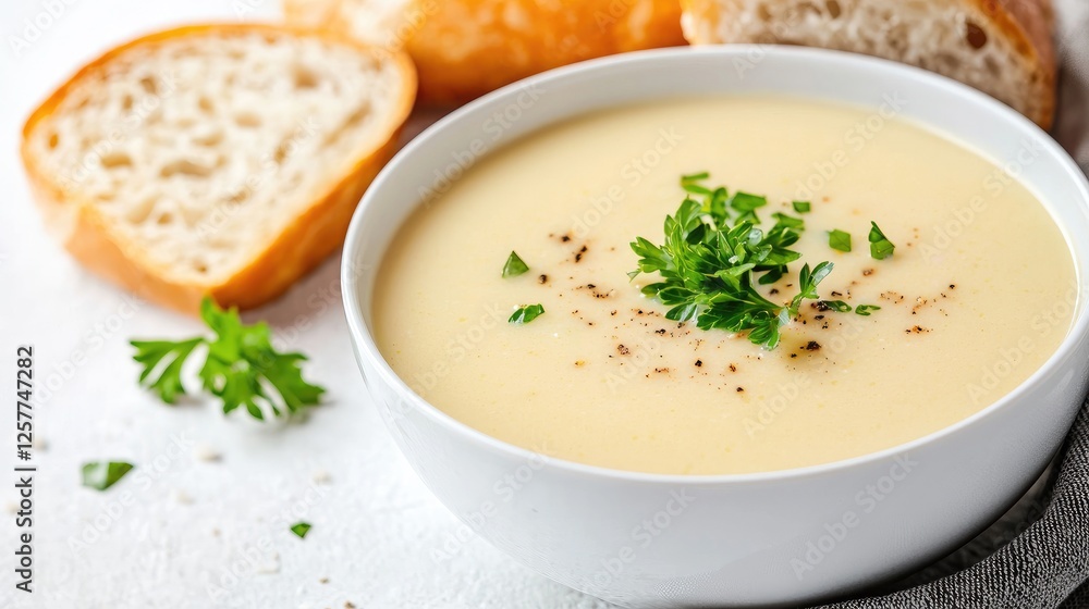Creamy soup with bread, closeup, appetizing, healthy meal Creamy soup with bread, closeup, appetizing, healthy meal