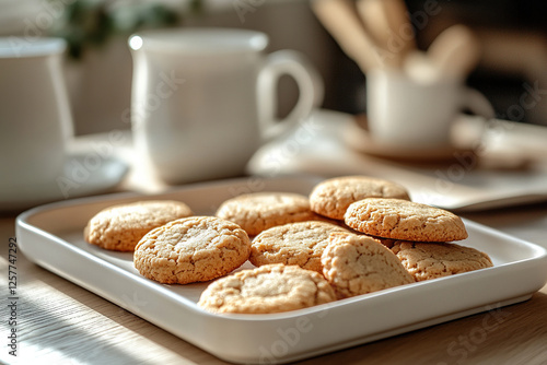 Tray of homemade oatmeal cookies on kitchen table with blurred background.