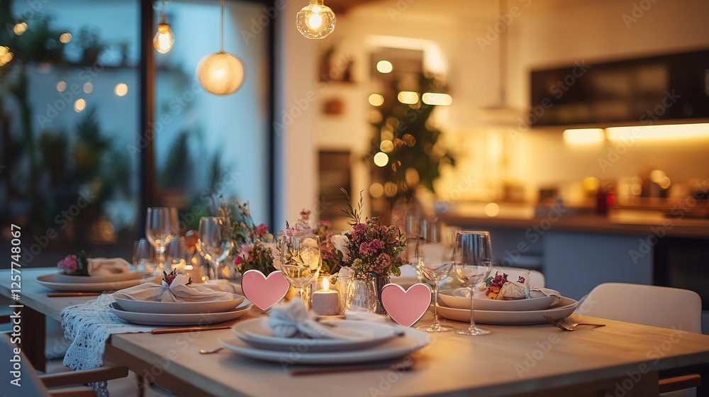Romantic Dinner Table Setting With Heart Decorations Romantic Dinner Table Setting With Heart Decorations