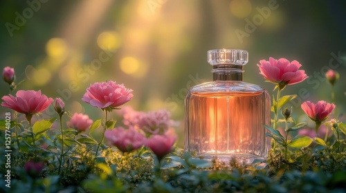 Perfume bottle among roses in a garden at sunrise photo