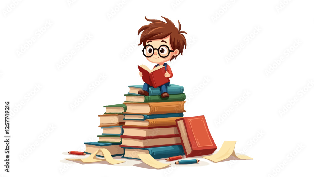 A young boy wearing glasses, reading a book while sitting on a big pile of books, symbolizing knowledge and education. A young boy wearing glasses, reading a book while sitting on a big pile of books, symbolizing knowledge and education.