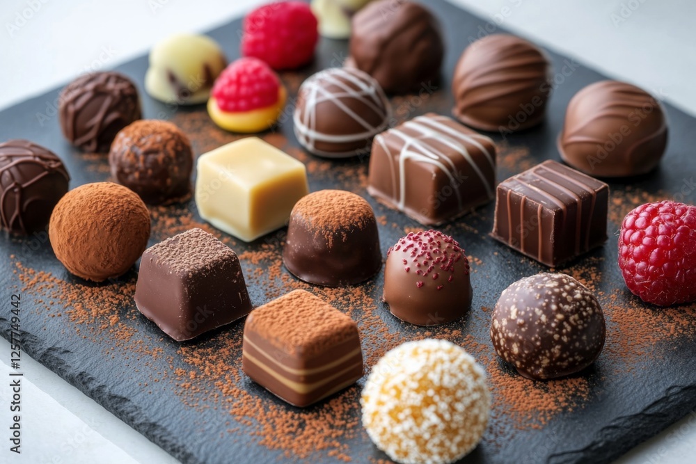 Variety of gourmet chocolate truffles displayed on a plate Variety of gourmet chocolate truffles displayed on a plate