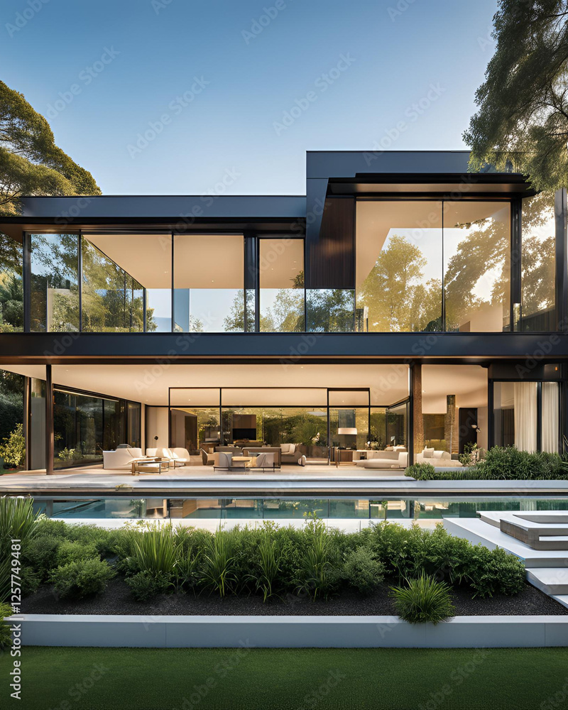 Fototapeta premium dream house, luxury villa, interior design, architecture, comfort, elegance, modern, cozy, spacious, stylish, minimalist, aesthetic, natural light, open plan, high ceilings, marble floors, wooden acce