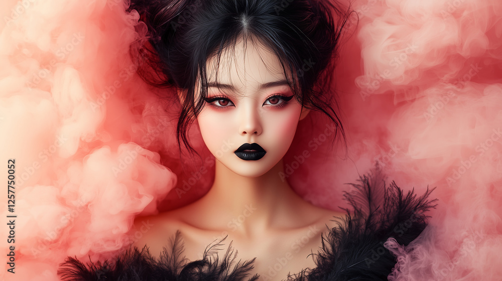 Mysterious beauty with bold makeup and dark elegance surrounded by red smoke for fashion and fantasy themes Mysterious beauty with bold makeup and dark elegance surrounded by red smoke for fashion and fantasy themes