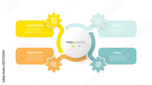 Modern infographic template featuring a creative design with interconnected gears and 4 options. Perfect for corporate presentations, marketing strategies, and project planning visuals.