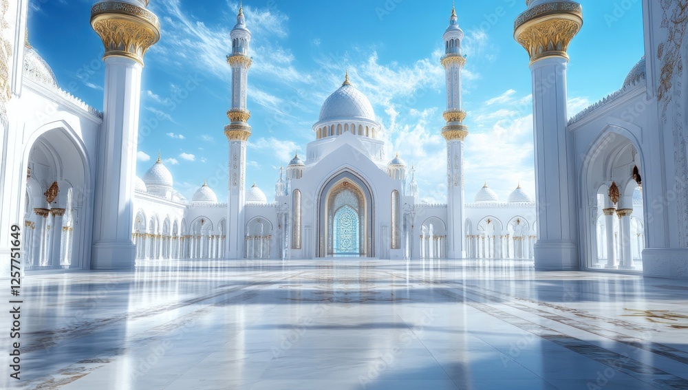 Fototapeta premium Majestic White Mosque: Architectural Marvel under a Bright Sky
