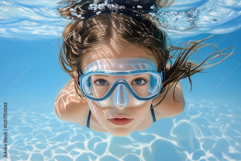 Naklejka premium Young girl with dive mask underwater, gazing directly at viewer, hair flowing, clear blue water, sunlit ripples on pool floor.